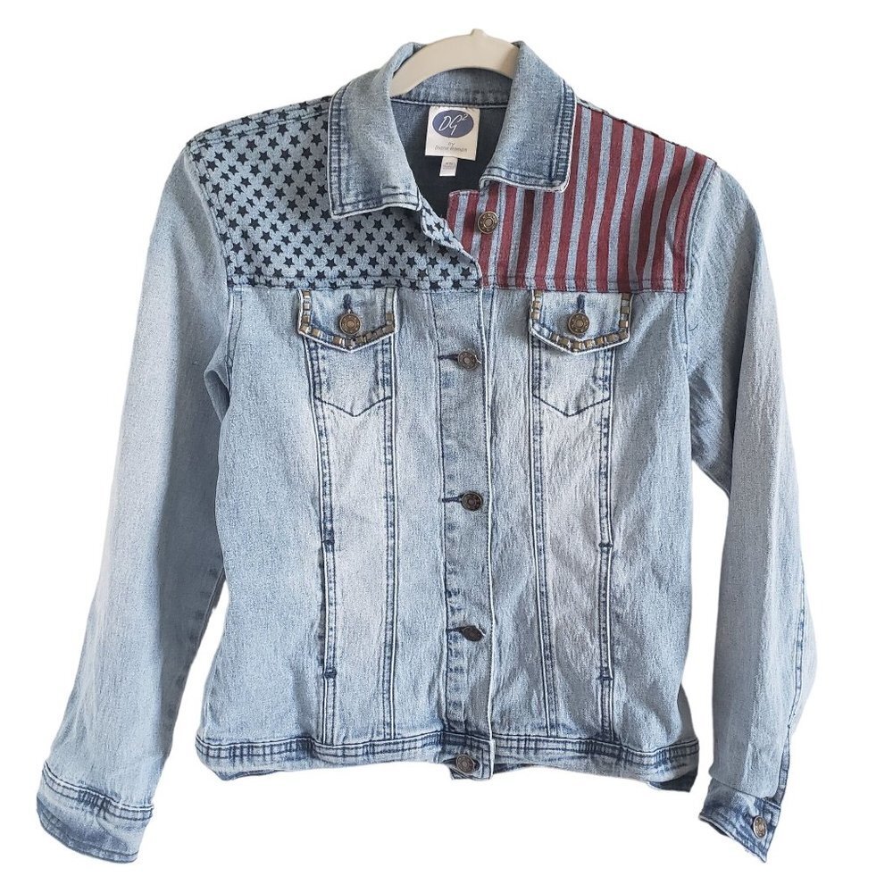DG by Diane Gilman Woman Size XS Jean Jacket USA Patriotic Stars and Stripes